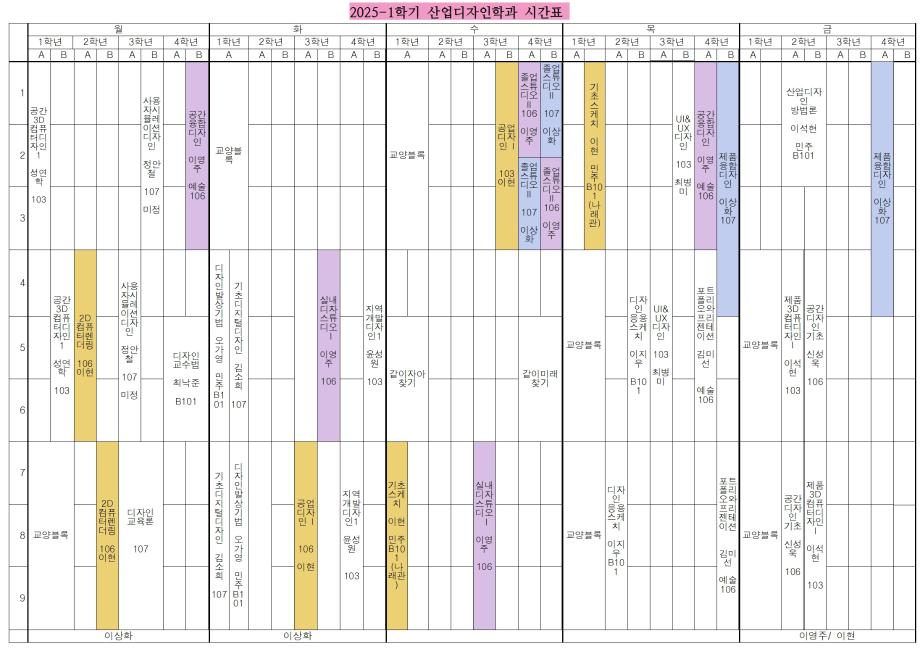 2025-1학기 산업융합디자인학과 시간표 1
