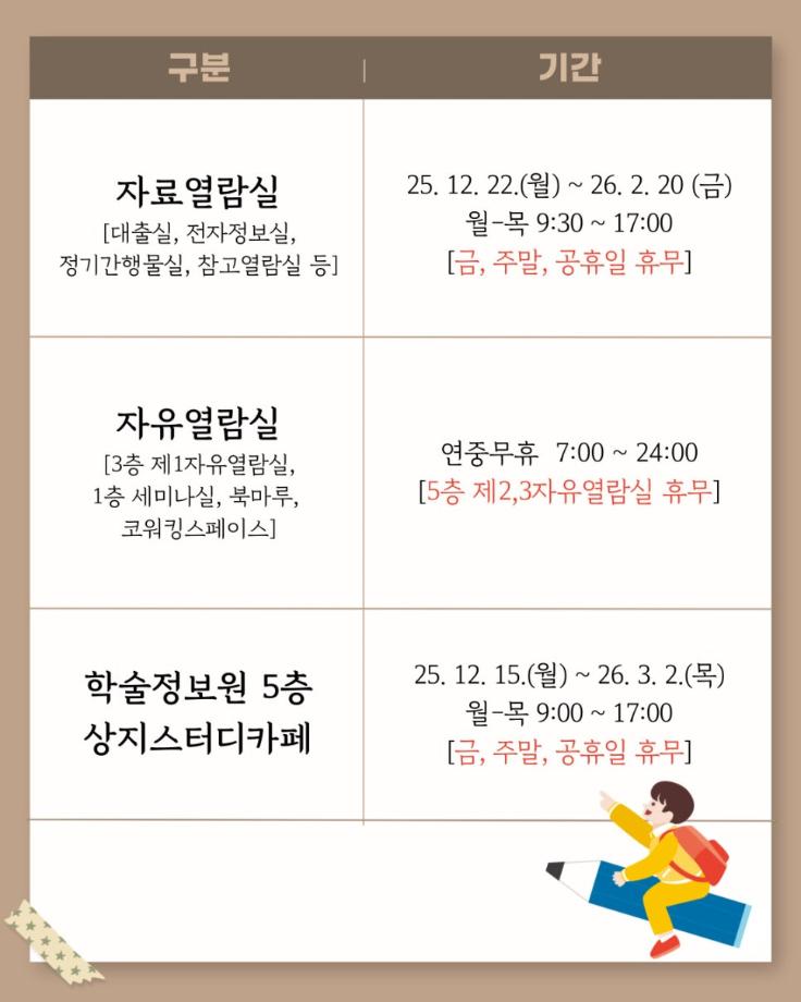 학술정보원 동계방학 열람실 운영 안내 3